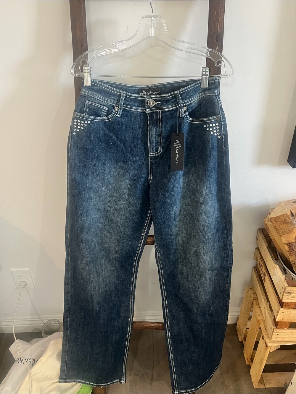 Affliction Dark Blue Wide-Leg Women’s Jeans with white Stud Detail